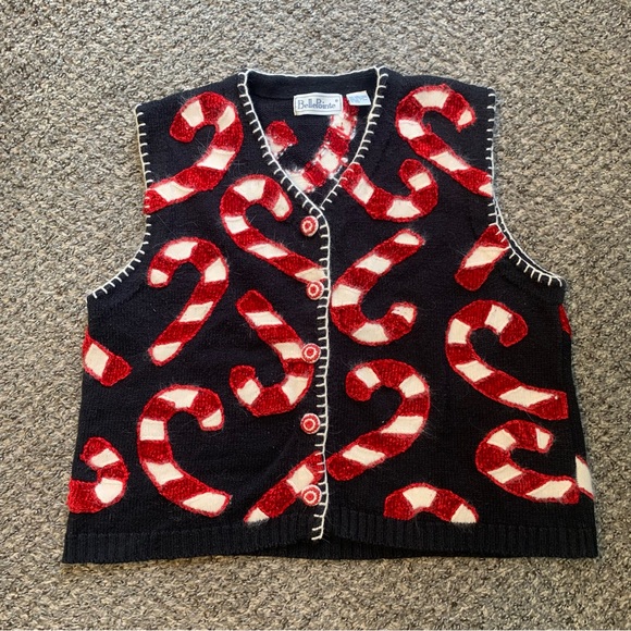 Vintage Sweaters - Belle Pointe VTG Ramie Button Front Embellished Candy Cane Christmas Vest